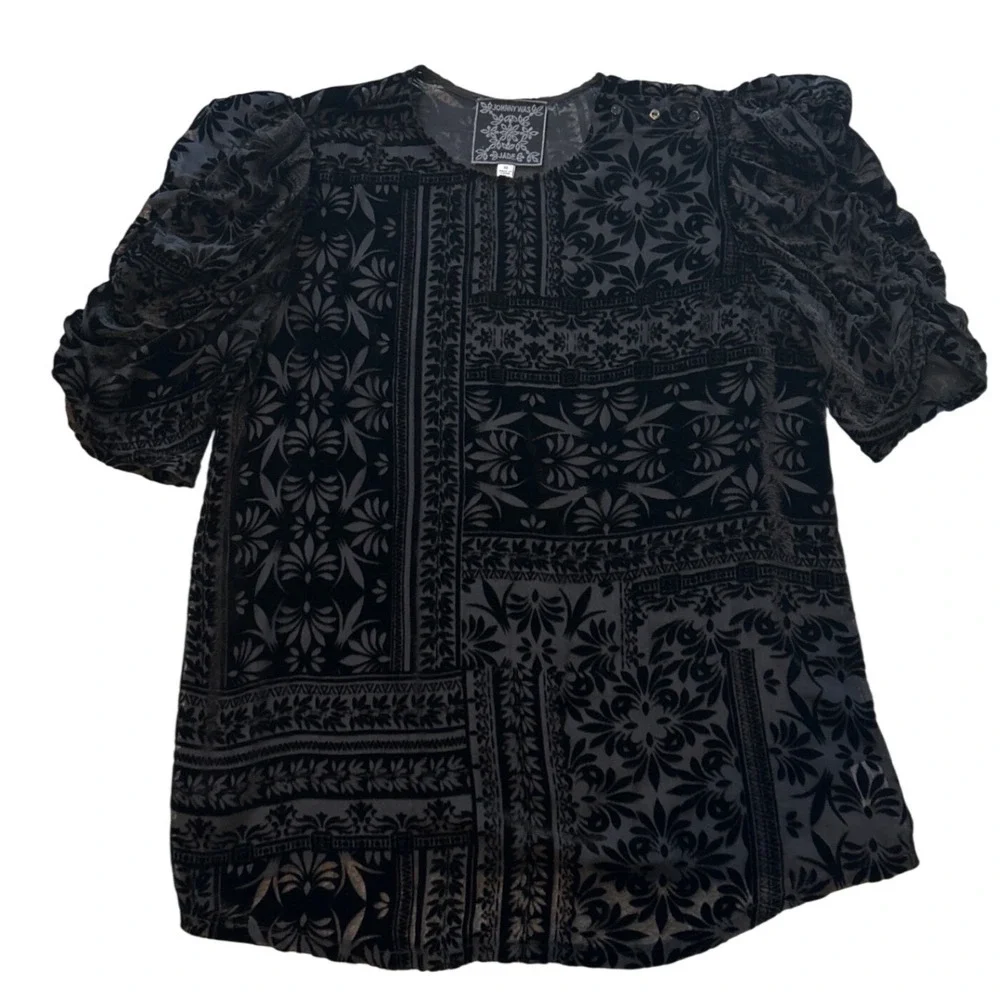 Johnny Was Amatan Ruched Velvet Blouse Black Silk Blend Burnout Sheer XS